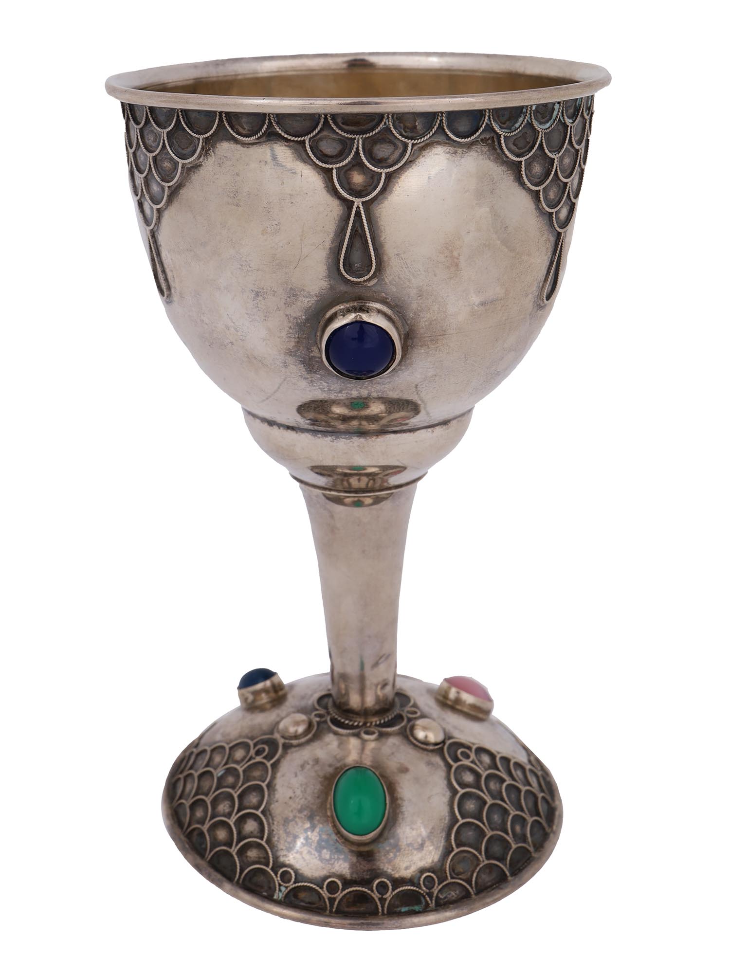 SILVER SEMI PRECIOUS STONES JUDAICA KIDDUSH CUP PIC-1